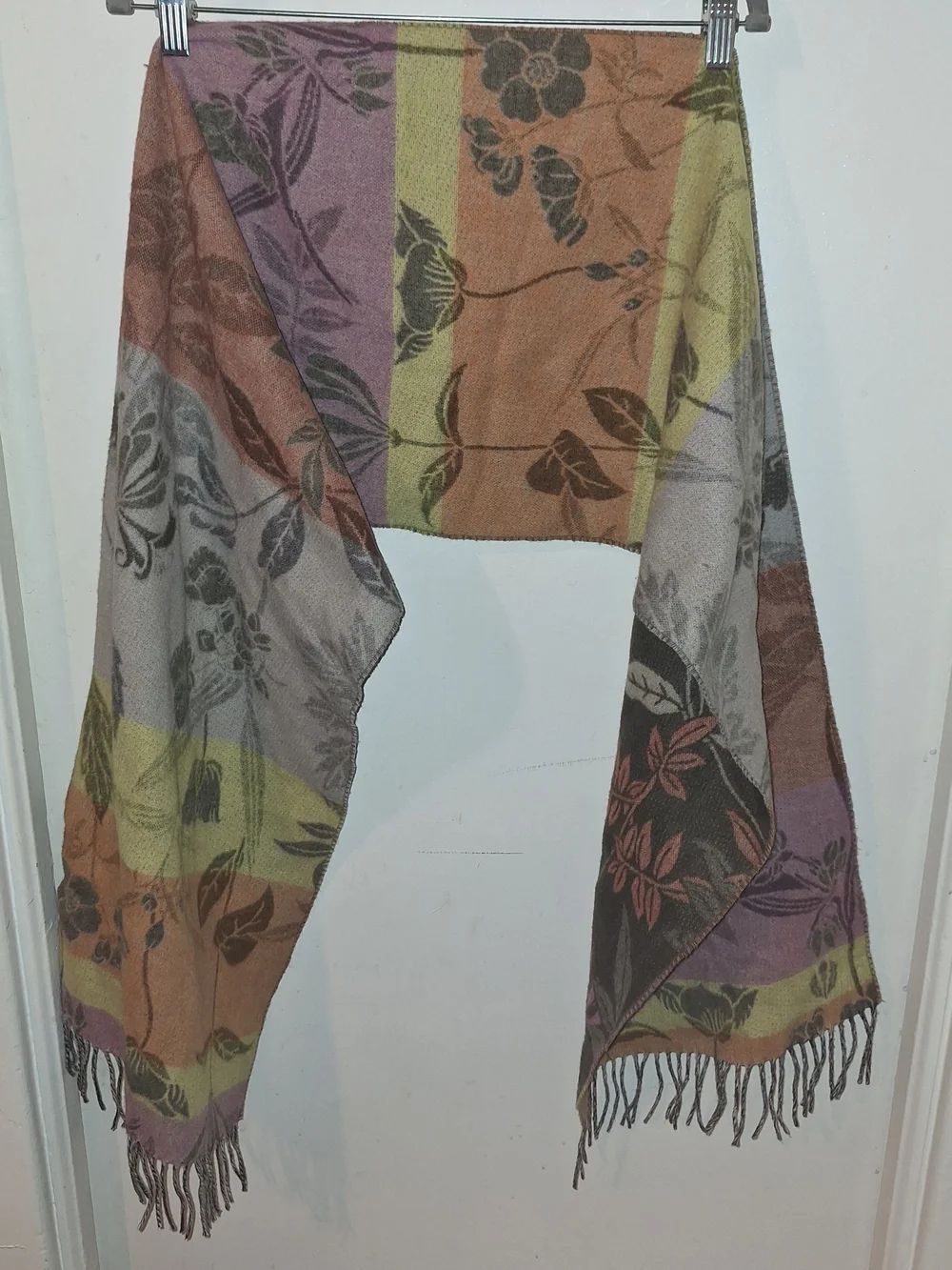 Floral Multi-Stripe Fringe Scarf in Purple, Orange & Yellow